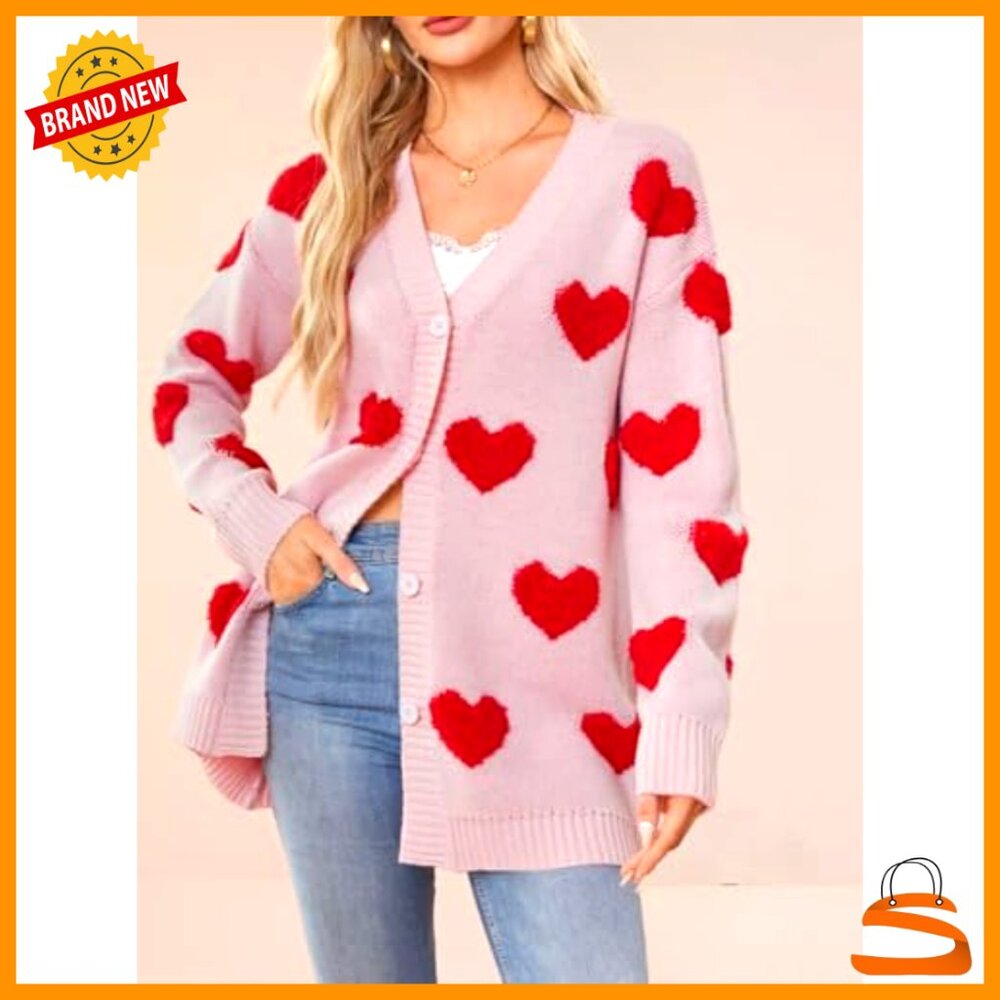 Oversized Cardigan Sweater Preppy Y2K Knit Button Up Heart Pattern Chic - Picture 2 of 7